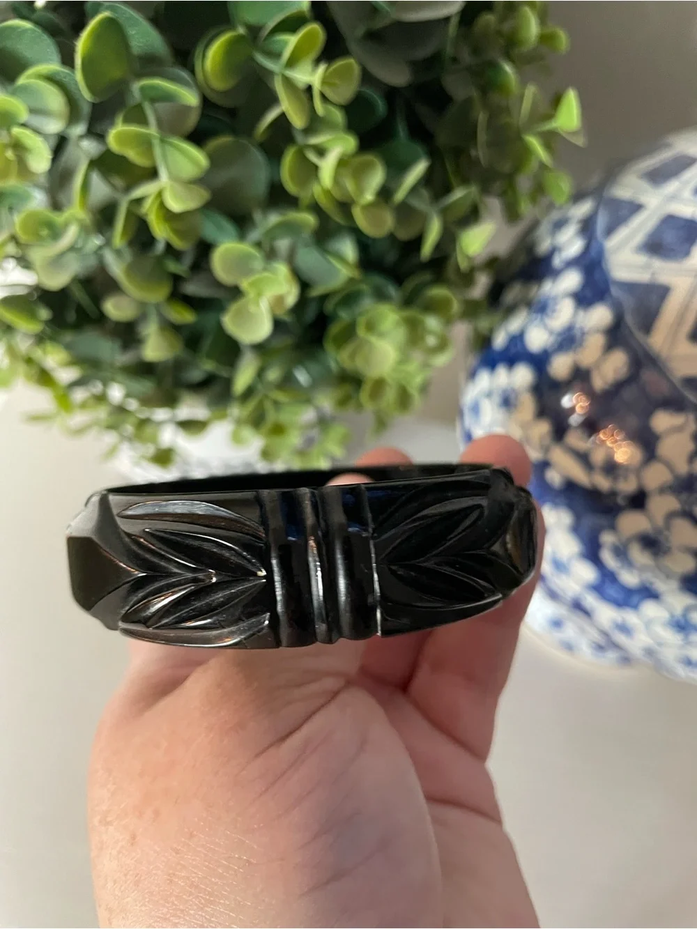 Vintage 1940's Bakelite Deeply Carved Black Bangle Bracelet